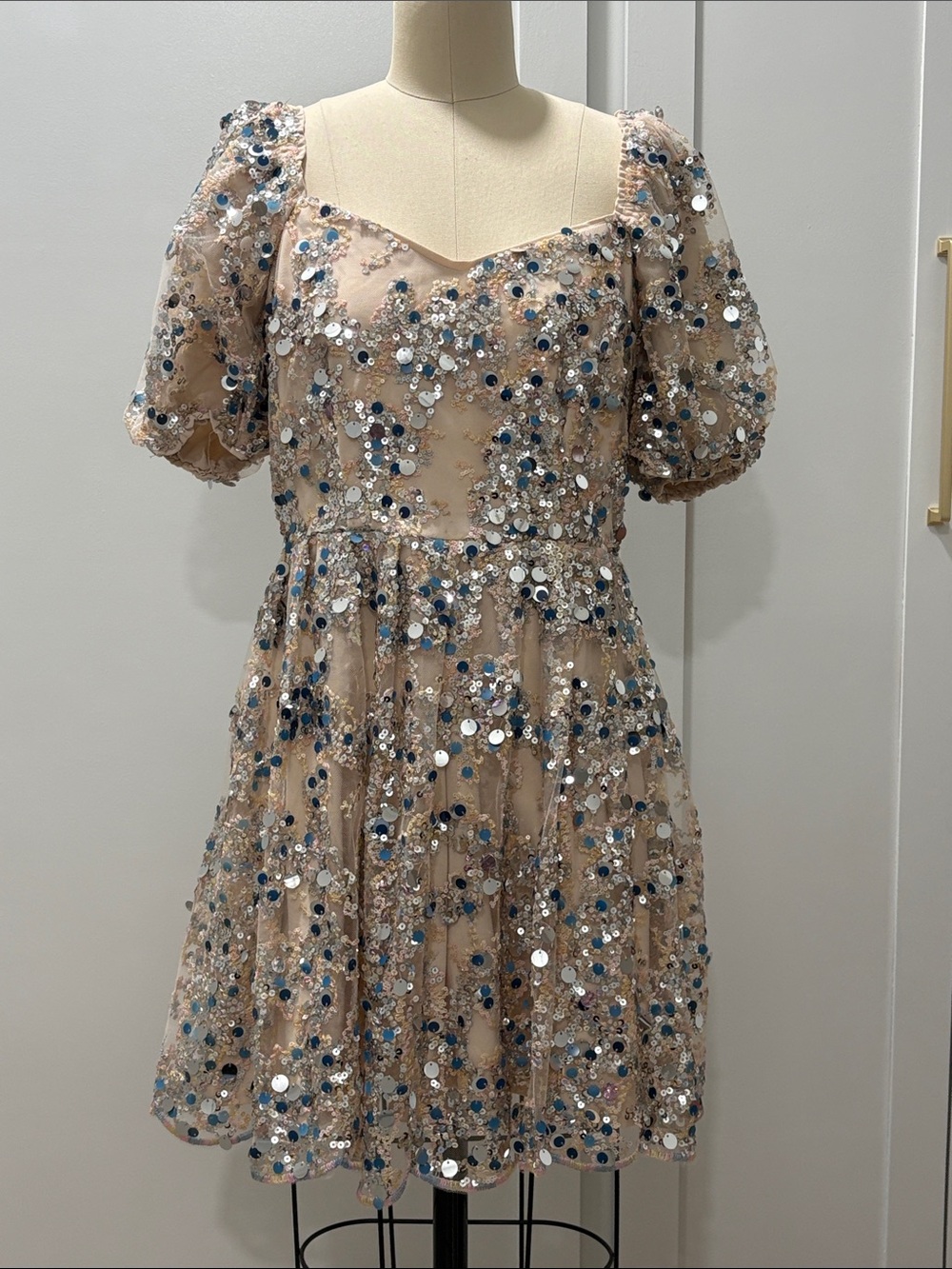 TCEC Embellished Puff-Sleeve Mini Dress in Nude with Blue & Silver Accents